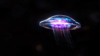 Glowing UFO spacecraft with luminous pink and blue lights emitting ethereal beams against dark background, creating mysterious atmospheric sci-fi scene.