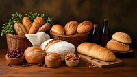 Fresh baked bread loaves and buns arranged with walnuts and cranberries on rustic wooden table, dark moody background creates artisanal bakery atmosphere.