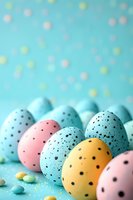 Colorful speckled Easter eggs in pastel blue, pink, and yellow arranged on turquoise background with bokeh lights, perfect for spring holiday designs.