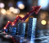 Glittering red arrow moves upward across blue columns showing growth trend on blurred bokeh background, representing financial success and progress.