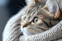 Adorable tabby kitten with striking green eyes resting on cozy knitted blanket, showcasing soft fur patterns and peaceful expression for pet care content.