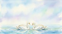 Two elegant swans swimming together on calm water with soft watercolor sky backdrop, suitable for wedding invitations, greeting cards, and romantic design projects.