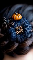 Orange pumpkin and spider brooches on navy blue knitted flower hair accessory against dark background, moody Halloween fashion styling composition.