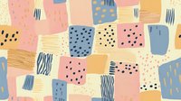 Playful abstract geometric pattern with pastel colored squares and organic shapes featuring dots, stripes and doodles. Seamless repeat design for fabric and paper.