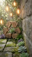 Wooden recycle symbol with succulents and vintage Edison bulb string lights on stone patio for eco-friendly garden decor and sustainable living concepts.