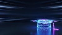 Digital graduation cap with glowing particles and neon lights on dark blue background for education technology and online learning concepts.