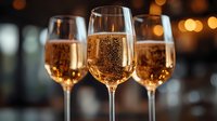 Elegant champagne glasses filled with sparkling wine against blurred bokeh lights background, celebration atmosphere with bubbling golden drink.