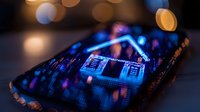 Modern smartphone displaying glowing microchip pattern with blue and purple neon lights against dark background with bokeh effect, representing digital technology advancement.