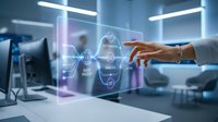 Professional hand interacting with holographic data analytics interface displaying charts and graphs in modern office workspace for business intelligence.