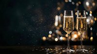 Two champagne flutes filled with sparkling wine against dark background with golden bokeh lights and glitter, suitable for celebrations, New Year, weddings, and festive occasions.
