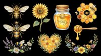 Honey bee, sunflower, and floral elements collection isolated on transparent background, ready for t-shirt design, clipart, stickers, sublimation, and print-on-demand products.
