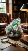 Large fluorite crystal specimen with purple and green hues displayed on vintage books in elegant library study room with warm lighting and magnifying glass.