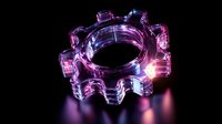 Glowing purple gear shape with transparent glass-like material on black background, illuminated with dramatic lighting creating reflective highlights and shadows.