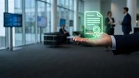 Businessman holding glowing digital certificate hologram in modern office lobby, symbolizing achievement, accreditation, and document verification.