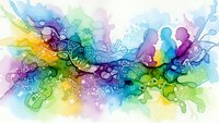 Vibrant rainbow watercolor splash with flowing organic shapes and bubbles on white background for creative design projects.