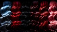 Colorful collection of wavy hair extensions in blue, red, black, burgundy, and pink shades against dark background.
