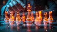 Glass chess pieces illuminated in orange and blue with dramatic lighting effects and reflections on dark surface, creating mystical atmosphere with glowing particles.