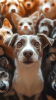 Close-up portrait of mixed breed dog with expressive brown eyes surrounded by multiple dog faces in background, creating depth and emotional connection.