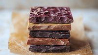 Stack of dark and milk chocolate bars with textured surface on brown parchment paper, macro food photography showing rich cocoa details and layers.