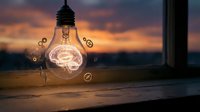 Glowing light bulb with floating dollar signs against sunset sky, symbolizing financial ideas, investment returns, and profitable business concepts for design projects.
