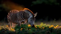 Plains zebra grazing among yellow wildflowers at sunset, dramatic lighting creates golden glow on African savanna grassland with dark background.