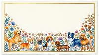 Adorable dogs of various breeds sitting in colorful wildflower meadow border frame with golden rectangle, perfect for pet-themed designs and greeting cards.