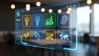 Digital business dashboard interface with glowing icons for analytics, innovation and global connectivity in modern office environment.