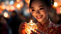Young Asian woman in traditional red cheongsam dress holding glowing lantern at night celebration, warm bokeh lights create magical festive atmosphere. Lunar New Year concept.