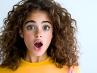 Young Mediterranean woman with curly brown hair and surprised expression wearing yellow top against white background, showing genuine amazement and wonder.