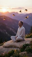Mature Caucasian man meditating in lotus position on mountain rock at sunset with birds flying overhead, peaceful spiritual practice in nature.