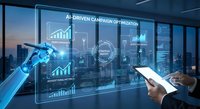Robotic hand and human hand interact with holographic AI campaign optimization interface displaying analytics charts and performance metrics in modern office.