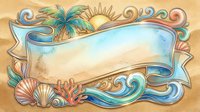 Tropical beach banner with palm tree, sunrise, seashells and ornate scrollwork frame on sandy background, isolated clipart for design projects.