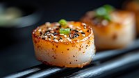 Seared scallop with sesame seeds and fresh herbs on black slate plate, close up view showing caramelized golden crust and tender center in dramatic lighting.