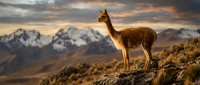 Young llama standing on rocky mountain terrain with snow-capped peaks in background during golden hour sunset creating warm atmospheric lighting.