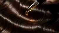 Luxurious brown hair with golden oil drops falling from glass dropper. Shiny healthy strands illuminated against dark background for beauty and haircare advertising.