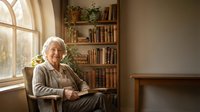 Elderly Caucasian woman sitting peacefully in cozy home library reading corner with bookshelves and natural window light for retirement lifestyle content.