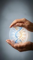 Hands protecting glowing DNA double helix symbol representing genetic research, biotechnology innovation and healthcare protection concepts.