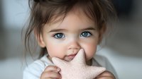 Young girl with bright blue eyes holds pink starfish toy against soft blurred background, creating tender childhood moment with dreamy atmosphere.