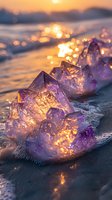 Purple amethyst crystals on beach sand at sunset, with golden sunlight streaming through transparent minerals creating magical bokeh effect and reflections.