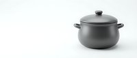 Dark gray cooking pot with lid and handles isolated on white background, ready for kitchen design, recipes, cookware advertising, and culinary content.