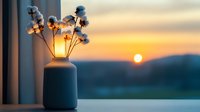 Minimalist ceramic vase with cotton stems silhouetted against dramatic sunset sky and mountain landscape through window, creating peaceful home atmosphere.