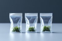 Fresh cannabis buds in three transparent resealable plastic bags arranged in row on neutral background, minimalist composition showing medical marijuana storage.