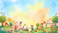 Watercolor illustration of children playing in a sunny park with trees, playground equipment, kites, and flowers. Cheerful scene suitable for educational materials, children's books, and daycare designs.