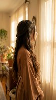 Young woman with long dark hair in brown dress standing by window with warm sunlight in cozy home interior with plants for lifestyle and wellness content.