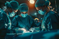 Medical team performing surgery in operating room with dramatic lighting and teal color grading, focused on precise surgical procedure in modern hospital.