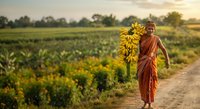 Farmer woman in traditional red sari holding harvested corn stalks standing in rural agricultural field at golden hour sunset, suitable for farming and agriculture content.