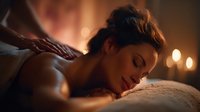 Young woman enjoying relaxing spa massage therapy with warm candlelight ambiance. Professional wellness treatment for stress relief and self-care routine.