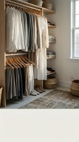 Modern minimalist walk-in closet with organized neutral clothing on wooden hangers, open shelving system and natural light for home organization.
