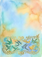 Watercolor background with soft pastel gradients in blue, yellow, and pink tones, featuring ornate gold frame with flying birds in green and blue hues. Suitable for greeting cards, invitations, and decorative designs.