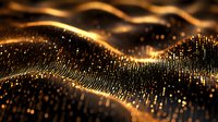 Glowing golden particles form abstract waves against dark background, creating dynamic flowing motion with sparkling light effects and bokeh elements.